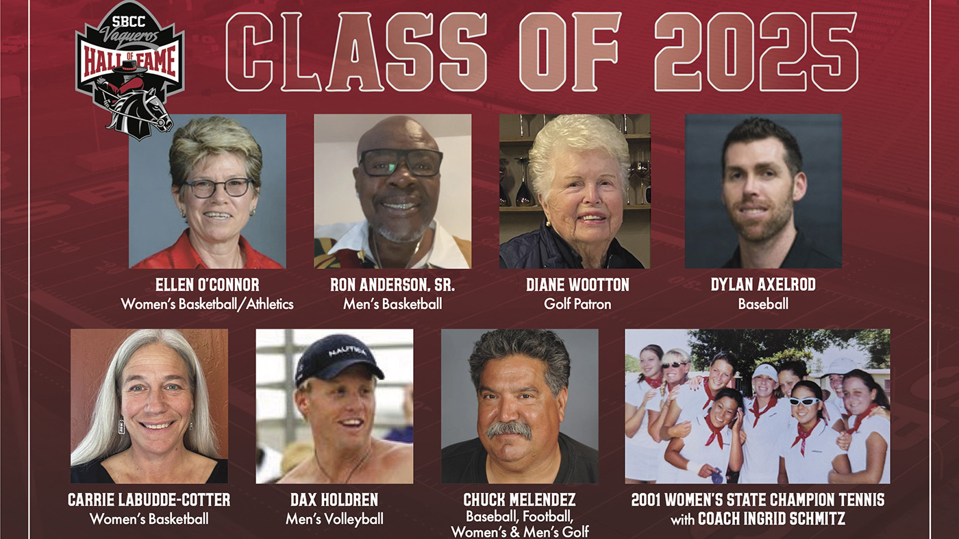 Picture of SBCC Hall of Fame Inductees: Ellen O'Connor, Ron Anderson, Sr., Diane Wootton, Dylan Axelrod, Carrie Labudde-Cotter, Dax Holdren, Chuck Melendez, and the 2001 Women's State Champion Tennis Team with Coach Ingrid Schmitz